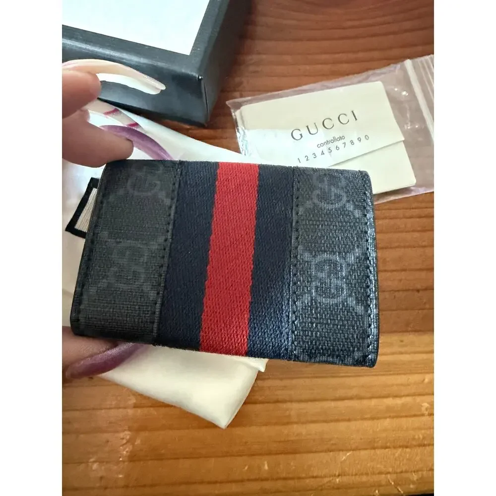 Gucci Black GG Canvas Key & Card Holder with Red Web Stripe full inclusion